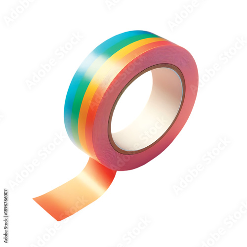 Vibrant rainbow colored tape roll with peeling end on white background