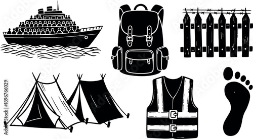 Black silhouette camping tent life vest backpack ferry boat and barbed wire fence icons set isolated on white background