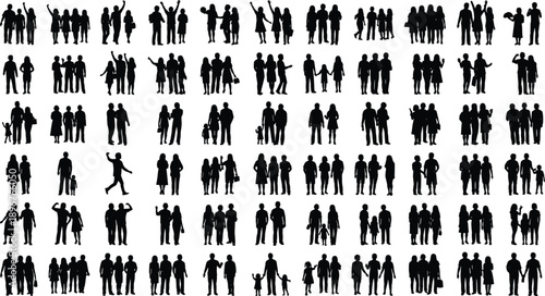Group interaction silhouette icon set, varied social poses and gestures, black vector illustration, crowd behavior theme, isolated on white background