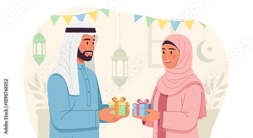 Man gifting a present to a woman celebrating a religious holiday with Islamic cultural decorations