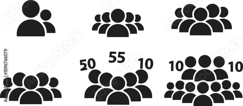 Group icon set with numerical labels, stylized people silhouettes, black vector illustration, demographic and data visualization theme, isolated on white background
