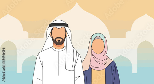 Illustration of a Muslim couple standing in front of a mosque, celebrating Islamic culture and tradition