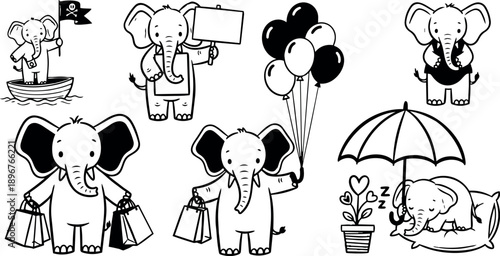 Cute black and white cartoon elephants holding shopping bags balloons sleeping under umbrella and sailing with pirate flag simple line art characters set