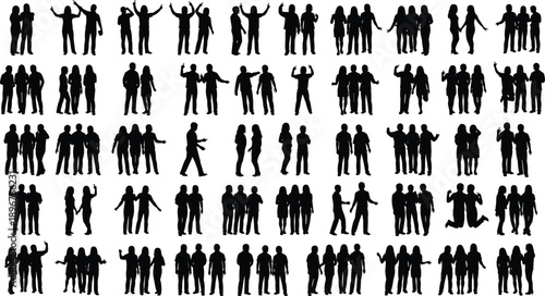 Group silhouette icon grid, 100 social interaction poses, black vector illustration, behavioral and demographic theme, isolated on white background