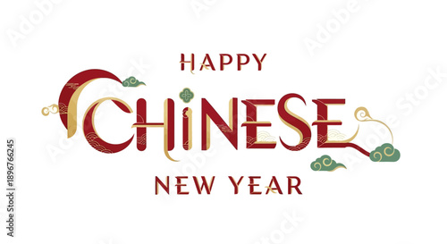 Vector illustration of a Happy Chinese New Year logo with red and gold design elements on a white background.
