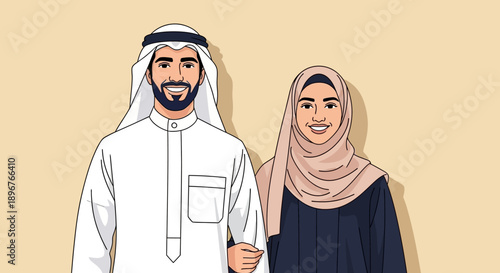 Smiling Middle Eastern Couple in Traditional Attire Portraying Love and Togetherness, Representing Cultural Identity and Happy Relationships in a Flat Vector Illustration Style