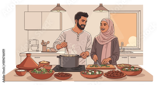 A Muslim Couple Cooking Together in a Kitchen, Preparing a Meal with Various Dishes on the Countertop