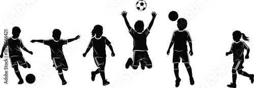 Kids playing soccer silhouettes set showing running kicking jumping actions minimalist black sport figures for football training and teamwork concepts