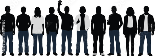 Silhouetted lineup of individuals in blue jeans, varied poses and gestures, black vector illustration, diversity and identification theme, isolated on white background