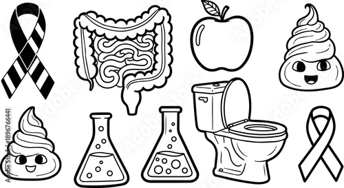 Black and white line art collection of digestive system intestines toilet apple smiling poop ribbons and lab flasks icons set