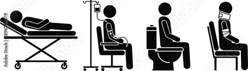 Medical Patient Care Icon Set Showing Hospital Bed IV Therapy Toilet Use and Injury Recovery for Healthcare Treatment Infographic UI UX and Clinical Design