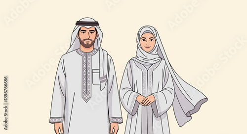 Illustration of a traditional Middle Eastern couple, a man and a woman, dressed in elegant cultural Arabian attire, representing heritage and modern identity