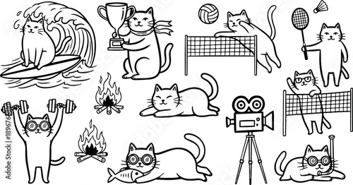Black and white line art cats doing various sports activities with trophies and camping fire elements in playful cartoon style