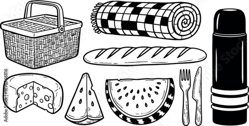 Black and white line art picnic basket with blanket thermos bread cheese watermelon and utensils set illustration