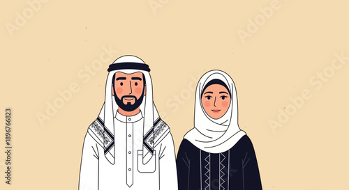A loving couple in traditional Middle Eastern attire standing side by side with warm expressions