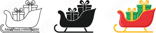 Santa sleigh with gift boxes icon set in outline solid and color styles isolated on white background for Christmas holiday design
