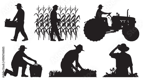 Agricultural workers performing diverse farming tasks, including harvesting and operating machinery, presented as a collection of silhouettes in an outdoor rural setting.