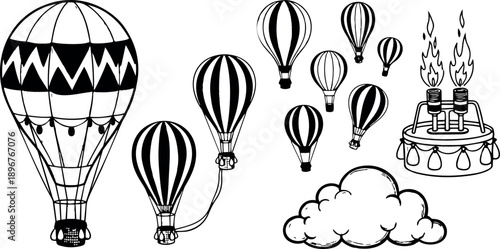 Black and white tattoo flash style hot air balloons and fluffy cloud line art with flames on burner basket detailed illustration