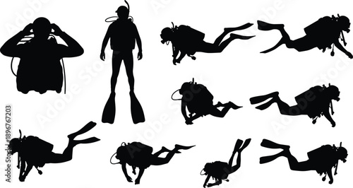 Scuba diver silhouettes set showing underwater swimming poses, diving equipment motion, black vector illustration isolated on white