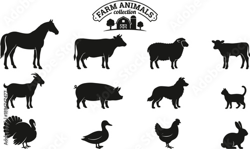 Farm Animals Silhouette Set Collection of Horse Cow Sheep Goat Pig Dog Cat Chicken Duck Rabbit Vector Illustration
