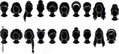 Women Hairstyles Silhouette Set Collection of Female Haircuts Ponytail Braid Curly Short Long Styles Icons Vector Illustration