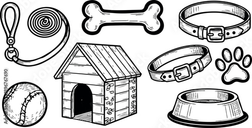 Hand drawn black and white dog accessories including leash, bone, house, collars, bowl, paw print, and ball illustration set
