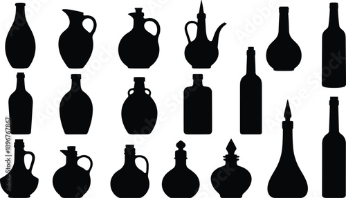Bottle and vase silhouette collection, vintage glass containers shapes, black vector illustration set, decorative household objects, isolated white background