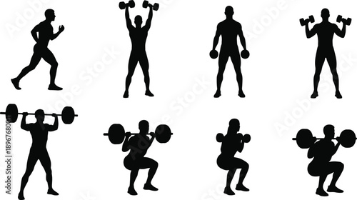 Fitness workout silhouette collection, gym exercises with dumbbells barbells, strength training poses, black vector illustration isolated white background