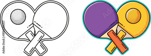 Table Tennis Ping Pong Paddle Illustration Set Showing Outline and Color Styles for Sports Icon Design Game Equipment Branding and Infographic Use