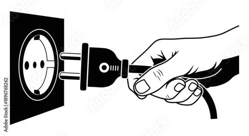 Hand plugging electrical cable into wall socket black and white illustration simple design energy supply concept