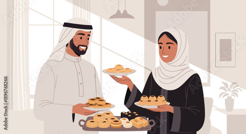 Warm Illustration of a Middle Eastern Couple Sharing a Moment of Hospitality with Delicious Traditional Desserts and Pastries