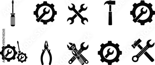 Tools and Maintenance Icon Set Featuring Screwdriver Wrench Gear Hammer and Repair Symbols for Engineering Service Workshop Infographic UI UX and Industrial Design