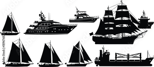 Ship and boat silhouette collection, sailing yachts, cargo vessels, pirate ships, maritime transport, vector illustration, isolated black design