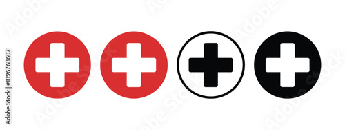 Red cross icon set, healthcare and medical sign, first aid abstract vector illustration.