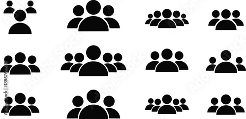Group configuration icon set, stylized people silhouettes in varied arrangements, black vector illustration, community and user interface theme, isolated on white background