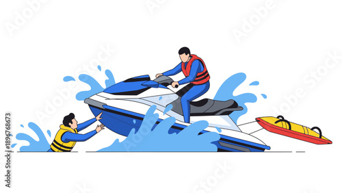 Two people in life jackets riding and pushing a jet ski with another jet ski nearby in a splashing water scene.