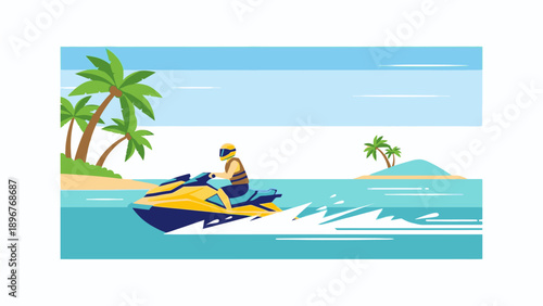 Vector illustration of a person riding a jet ski in turquoise water with palm trees and a tropical island in the background under a clear blue sky.