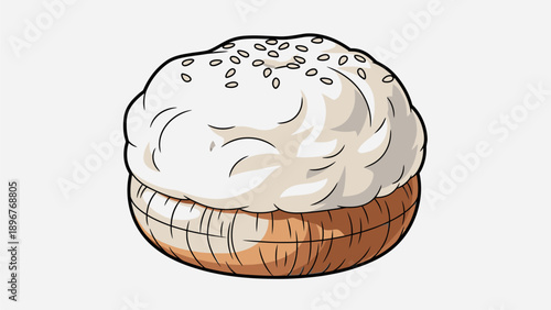 Illustration of a bun on a wooden plate with sesame seeds on top against a clean white background.