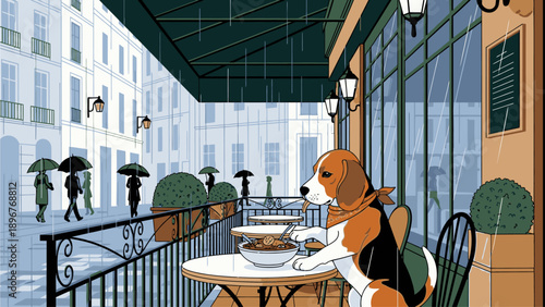 Illustration of a dog sitting at a sidewalk cafe on a rainy day, looking out at people with umbrellers on a city street.