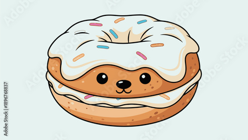 Cartoon illustration of a cute donut with a smiling face and colorful sprinkles on a light background.