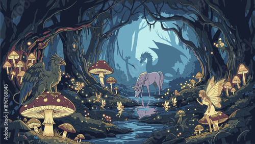 Whimsical illustration of a mystical forest with a unicorn, dragon, and various creatures amidst mushrooms and trees in a dreamlike setting.