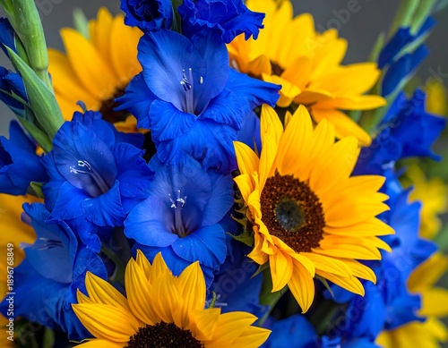 A vibrant floral arrangement featuring brilliant blue gladioli and bright yellow sunflowers against a blurred background