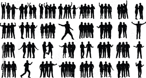 Group silhouette icon grid, 40 dynamic human poses and gestures, black vector illustration, social interaction theme, isolated on white background