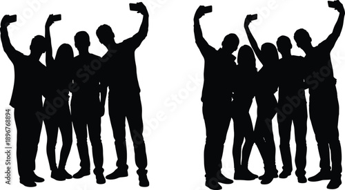 Group selfie silhouette icon set, casual poses with smartphone, black vector illustration, social interaction and friendship theme, isolated on white background