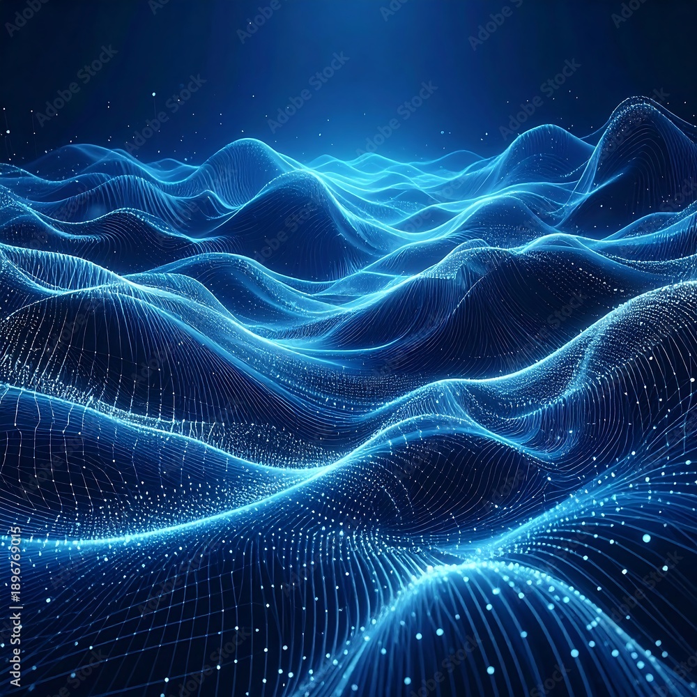 Fototapeta premium A dark blue abstract landscape with glowing blue waves and lines