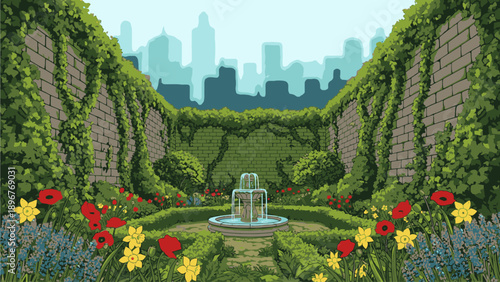 Pixel art illustration of a serene garden with a fountain, colorful flowers, and a city skyline in the background, surrounded by stone walls covered in greenery.
