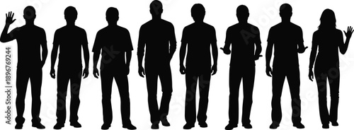 Standing figure silhouette icon set, diverse human postures and gestures, black vector illustration, body language theme, isolated on white background