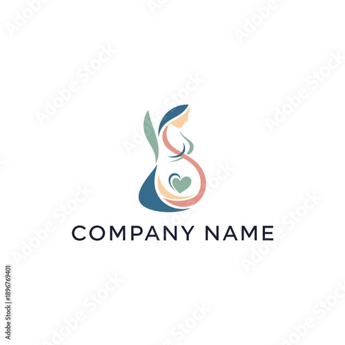 Pregnant woman logo with heart and leaves representing maternity and care.