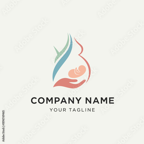 Stylized Pregnant Woman Holding Fetus in Womb Logo Design.