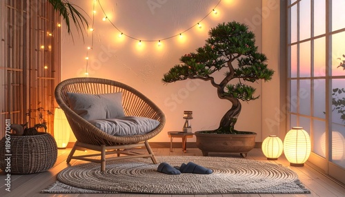 Cozy Indoor Oasis - Rattan Chair, Bonsai, and Warm Lighting.